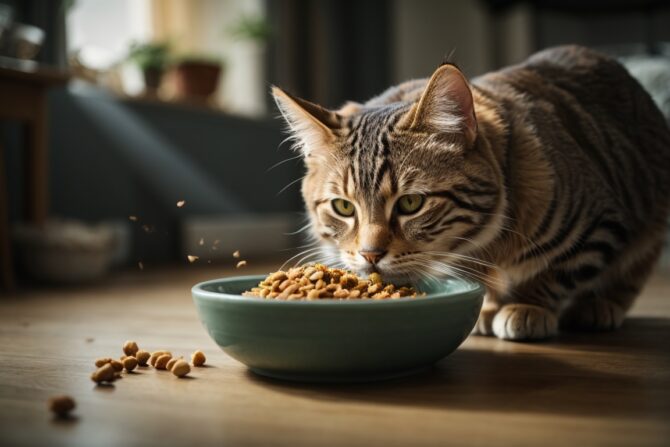 Eine braun-getigerte Katze sitzt vor einem Napf mit Katzenfutter und frisst
